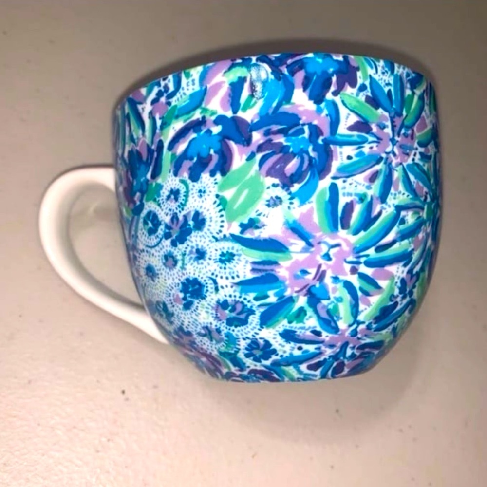 Lilly Pulitzer Gold Lion Blue Teal Floral Mug Coffee Mug Tea Cup Gold Handle